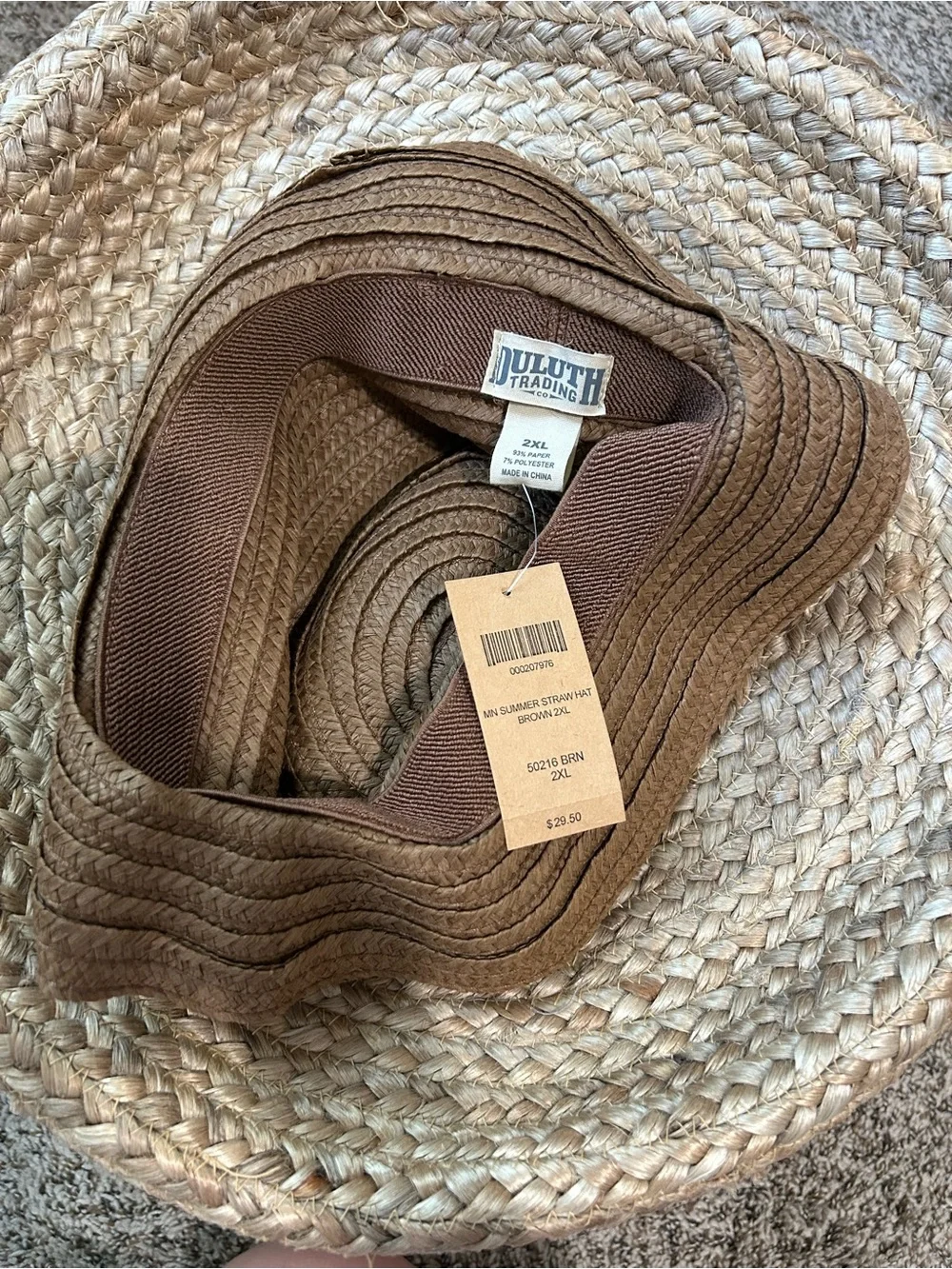 ☀️DULUTH TRADING CO. Brown Straw Summer Hat with Plaid Band - 2XL
